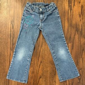 Vintage Faded Glory Denim Jeans with Embroidered Peace Sign and Flowers Size 6X
